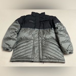 Prana Black & Silver Puffy Down Jacket Size L Removable Zip Around Sleeves Retro